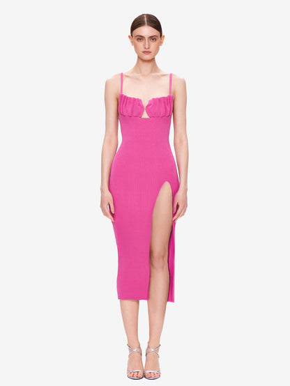 Textured Bodycon Dress Designed Pleated High Slit Sexy Party Midi Dresses