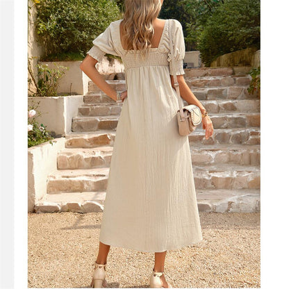 Solid Color Square Neck Maxi Dress in Apricot Green Khaki Orange