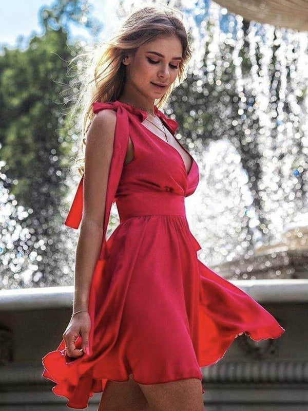 Skater Dresses Polyester Straps Neck Lace Up Red Sexy Sleeveless Flared Dress Mini Dresses