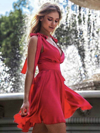 Skater Dresses Polyester Straps Neck Lace Up Red Sexy Sleeveless Flared Dress Mini Dresses