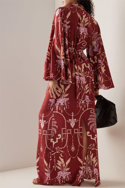 Paisley Print Knotted Long Sleeve Midi Dress