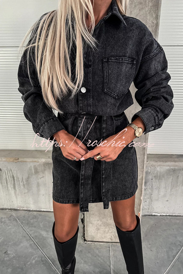 Adele Denim Button Up Belt Pocketed Long Sleeve Mini Dress