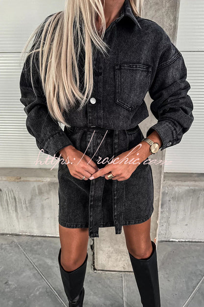 Adele Denim Button Up Belt Pocketed Long Sleeve Mini Dress