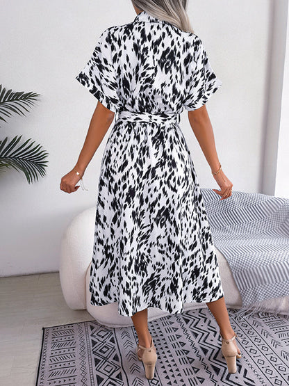 Loose Short Sleeves Leopard Ribbed Lapel Midi Dresses
