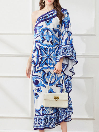 Batwing Sleeves Loose Asymmetric Falbala Floral Printed One-shoulder Midi Dresses