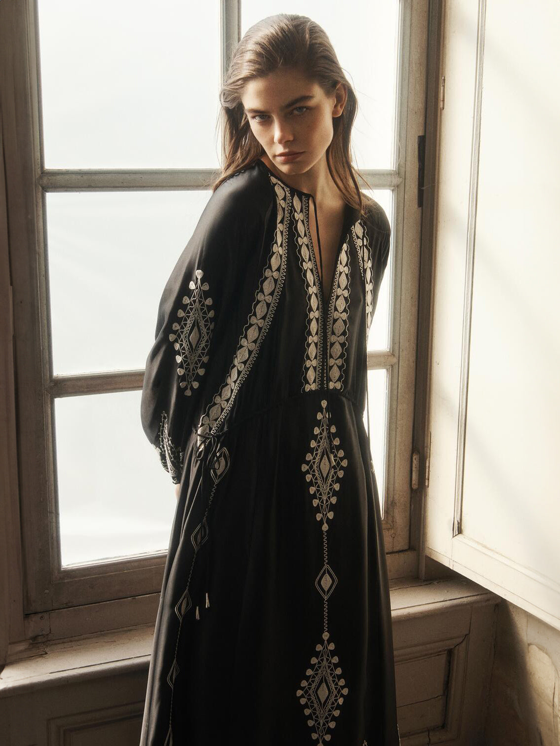Geo Printed Boho Dress Lace Up Round Neck Daily Casual Maxi Dresses