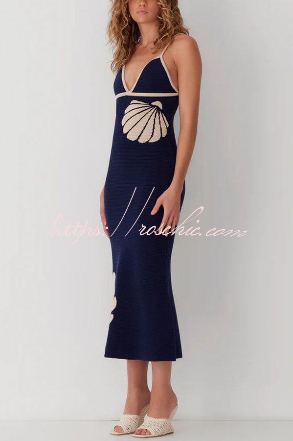 Mermaid Princess Knit Shell Pattern Fishtail Hem Halter Stretch Midi Dress