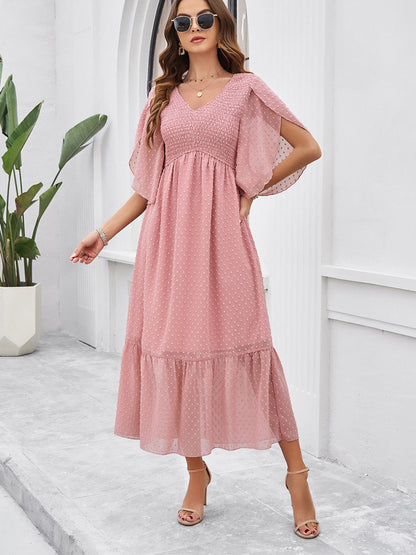 Party Dress Tiered Pleated V-Neck Summer Stylish Casual Midi Dresses
