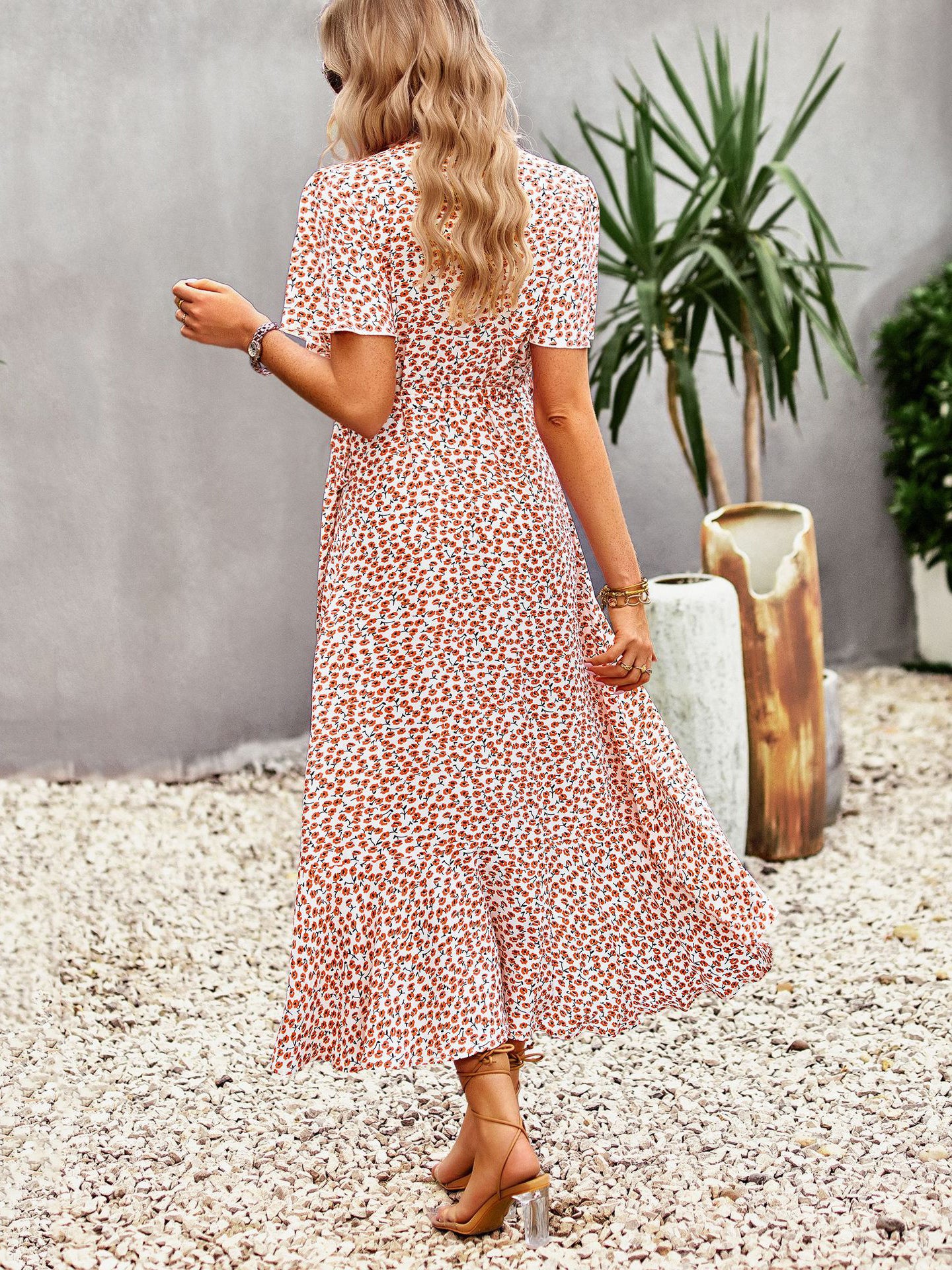 Floral Print Casual V-Neck Short Sleeves Midi Dress