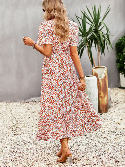 Floral Print Casual V-Neck Short Sleeves Midi Dress