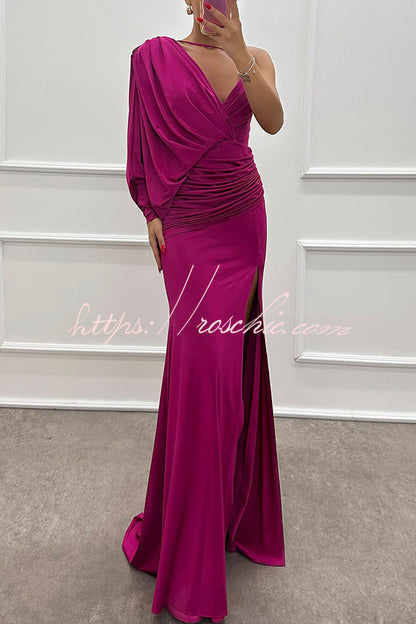 Like Venus One Shoulder Bat Sleeve Ruched Detail Slit Gown Maxi Dress