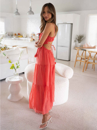 White Dress Tiered Spaghetti Strap Cutout Lace Up Summer Casual Midi Dresses