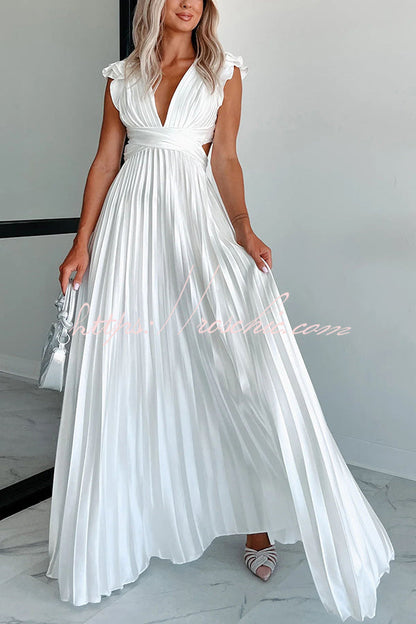 Opulent Occasion Satin Pleated Ruffle Sleeve Back Lace-up Maxi Dress