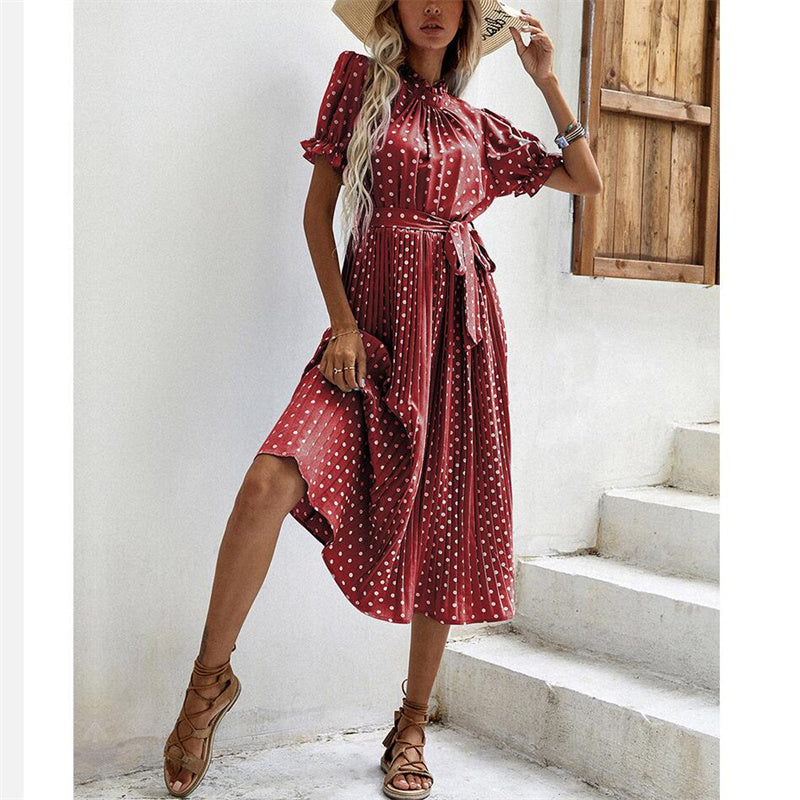 Polka Dot Round Neck Pleated Midi Dress in Multiple Colors