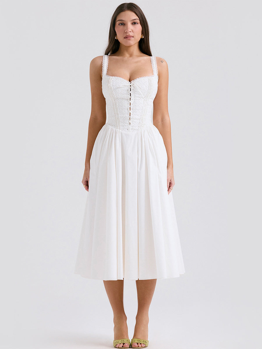 White Corset Dress Cutout Wide Strap Lace Trim Backless Party Midi Dresses