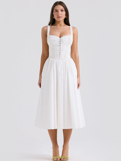 White Corset Dress Cutout Wide Strap Lace Trim Backless Party Midi Dresses