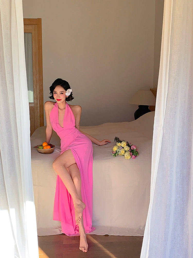 Pink Ruched Halter Maxi Dress – Soft & Feminine Summer Look