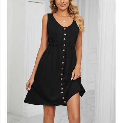 Solid Color Sleeveless Mini Dress with Button Details