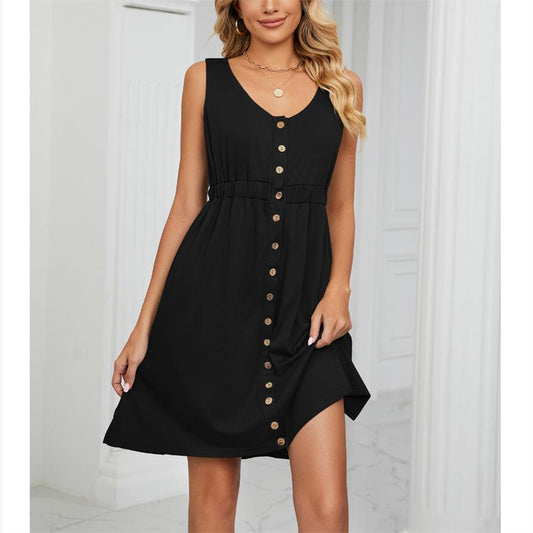Solid Color Sleeveless Mini Dress with Button Details