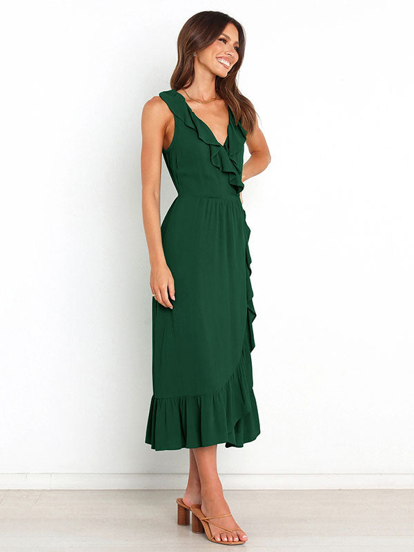 Ruffles Chic V-Neck Sleeveless Midi Dress
