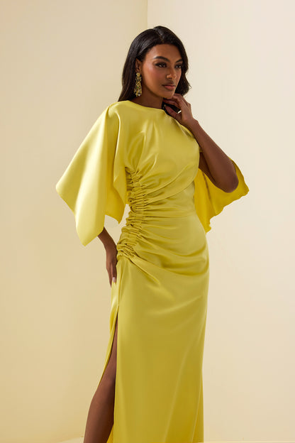 Satin Ruched Cape Sleeve Split Maxi Dress