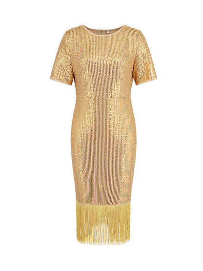 Bodycon Short Sleeves Sequined Shiny Solid Color Split-Joint Tasseled Round-Neck Midi Dresses