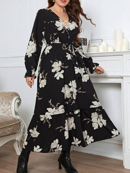 Elegant Floral V-Neck Petal Sleeve Midi Dress