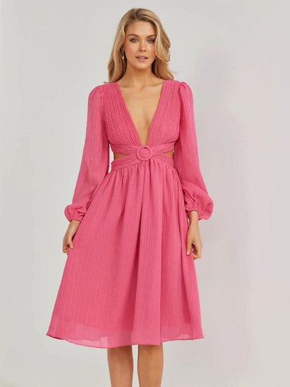Summer Midi Dress Pink V-Neck Cut Out Beach Dress
