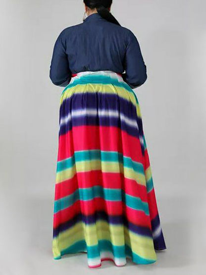 Long Sleeves Loose Buttoned Contrast Color Elasticity Printed Split-Joint Lapel Maxi Dresses