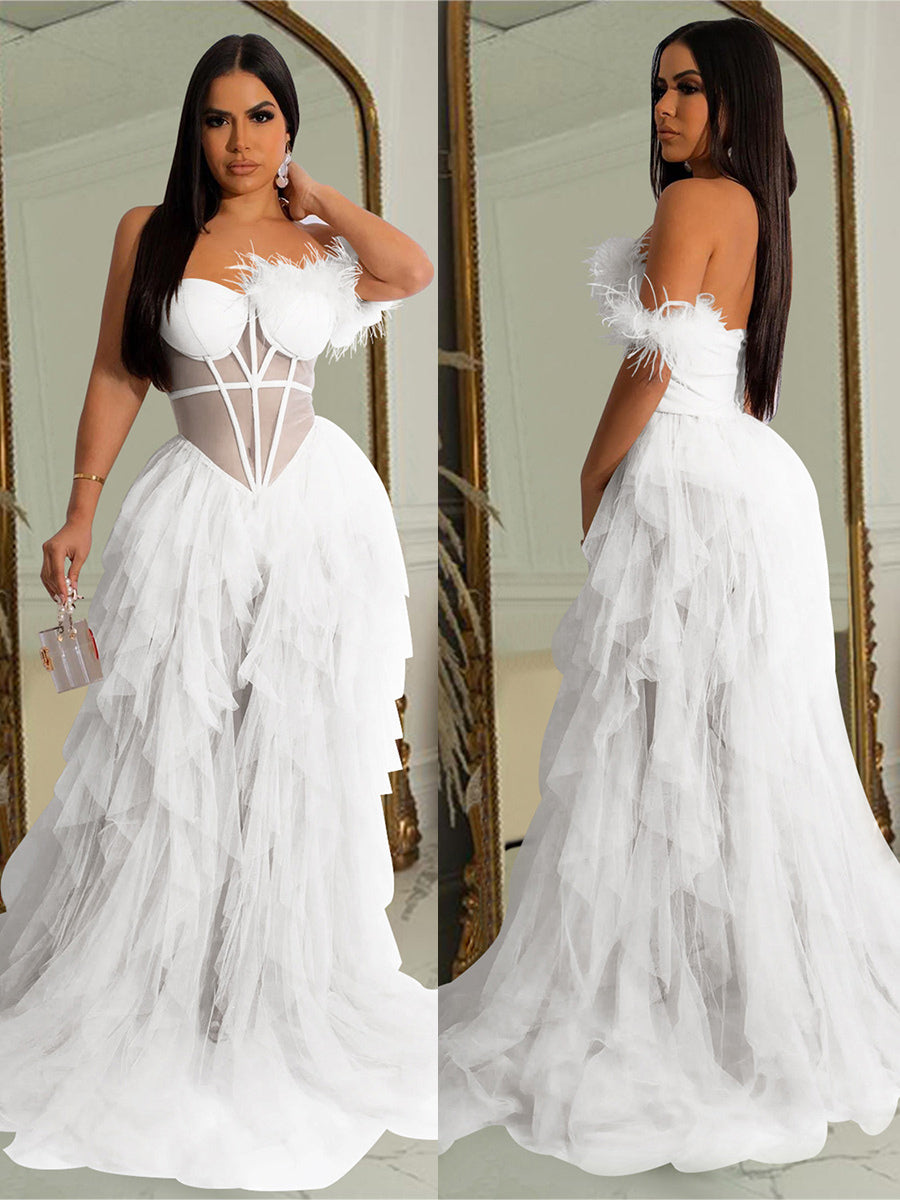 Layered Tulle Dress One Shoulder Corset Feather Trim Backless Sexy Maxi Dresses