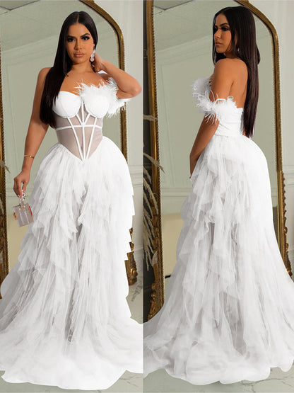 Layered Tulle Dress One Shoulder Corset Feather Trim Backless Sexy Maxi Dresses