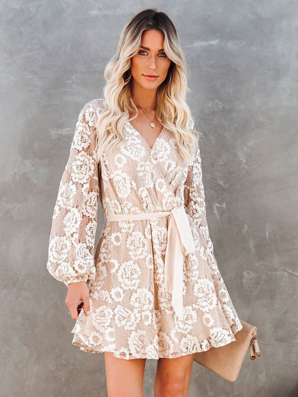 Wrap Dress V-Neck Surplice Belted Long Sleeves Lace Flared Mini Dresses
