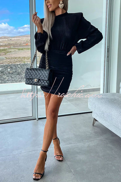 Tolly Padded Shoulder Balloon Sleeve Ruched Ribbed Mini Dress