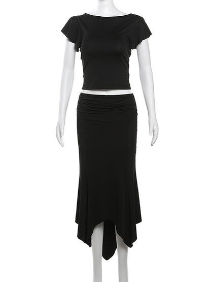 Tossy Women’s Solid Elegant Irregular 2 Piece Set Ruffle Short Sleeve Low Waist Folds Midi Dress Slim Beach Party Outfits Femme