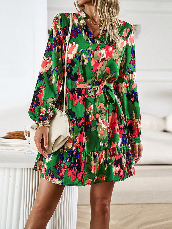 Long Sleeves Loose Printed Split-Joint Tied Waist V-Neck Mini Dresses
