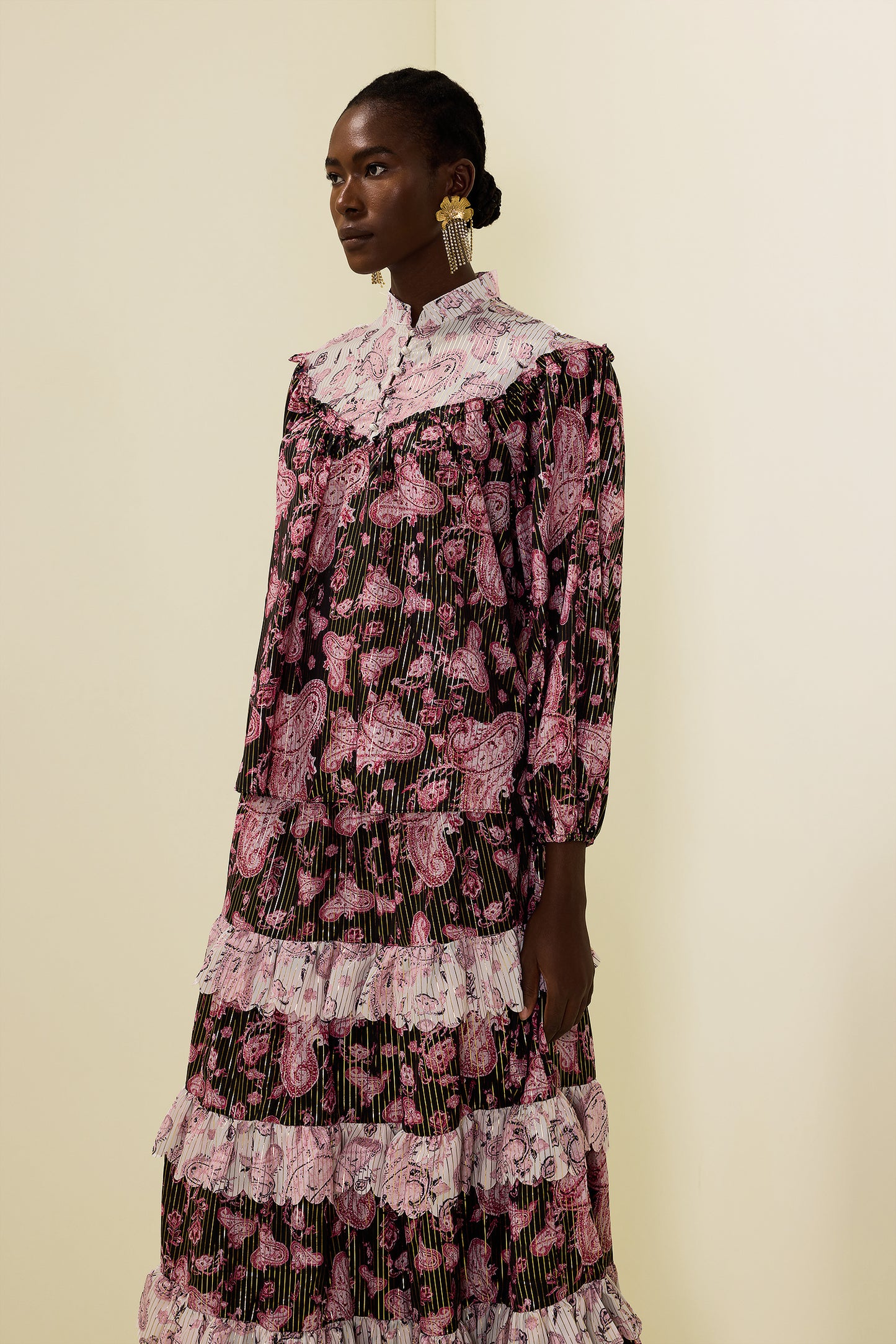 Paisley Print Gold Foil Stamping  Midi Dress