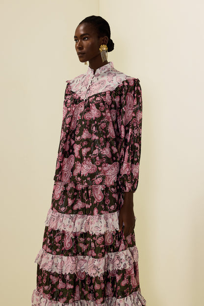 Paisley Print Gold Foil Stamping  Midi Dress