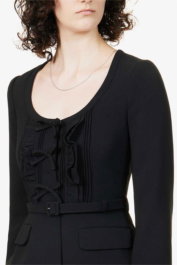 Solid Bow Pleated Long Sleeve Midi Dress With Belt