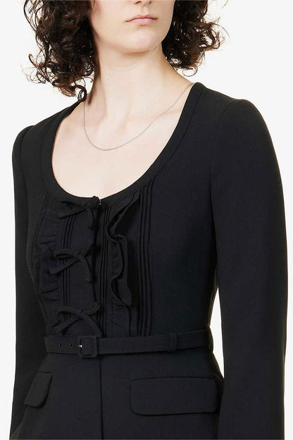 Solid Bow Pleated Long Sleeve Midi Dress With Belt