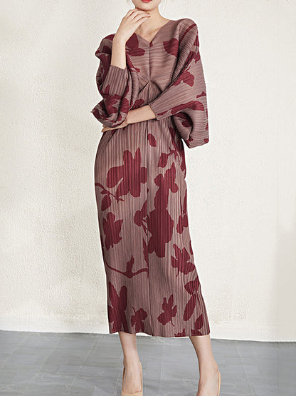 Batwing Sleeves Loose Pleated Printed V-Neck Midi Dresses