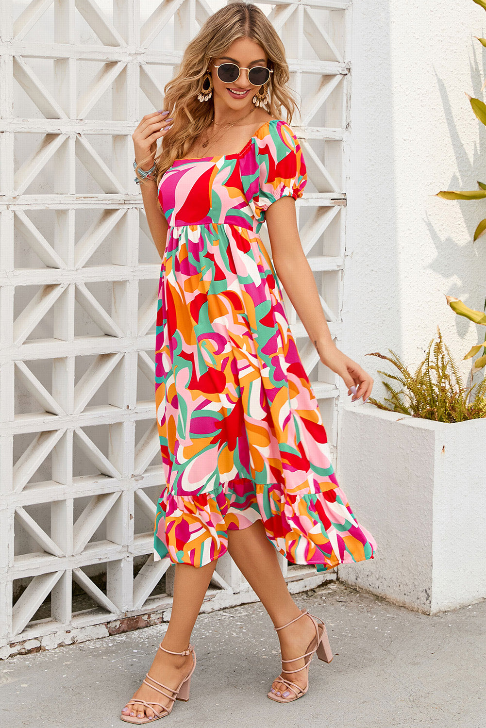 Red Abstract Print Square Neck Flowy Midi Dress