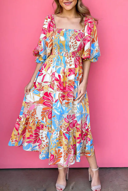 tropical print smocked maxi dress