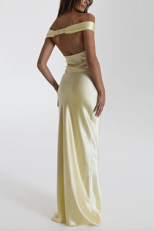 Off Shoulder Backless Cut Out Satin Maxi Dress