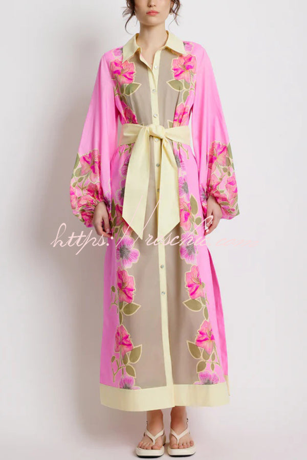 Linen Blend Floral Print Casual Cardigan Lace-up Maxi Dress