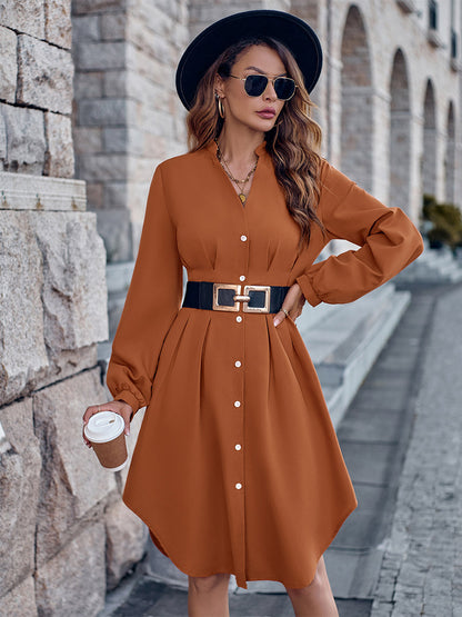 Shirt Dresses Brick Red V-Neck Buttons Long Sleeves Polyester Midi Dress Dresses