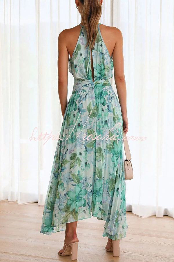 Sunny Forecast Floral Cutout Neck Pleated Midi Dress
