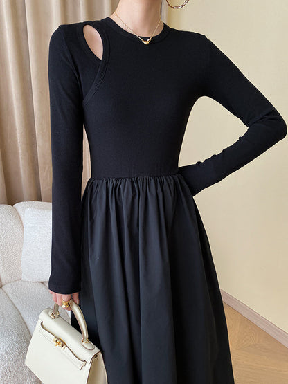 A-Line Long Sleeves Elasticity Hollow Solid Color Split-Joint Round-Neck Midi Dresses