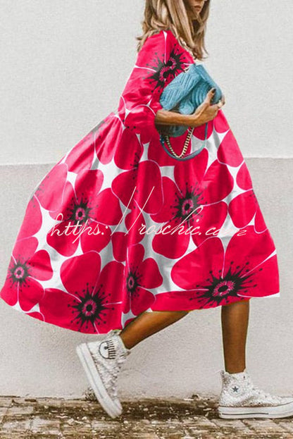 Vintage Floral Print High Low Hem A-Line Midi Dress