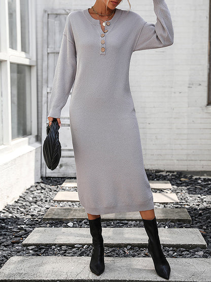 Long Sleeves Loose Buttoned Split-Joint Round-Neck Midi Dresses Sweater Dresses