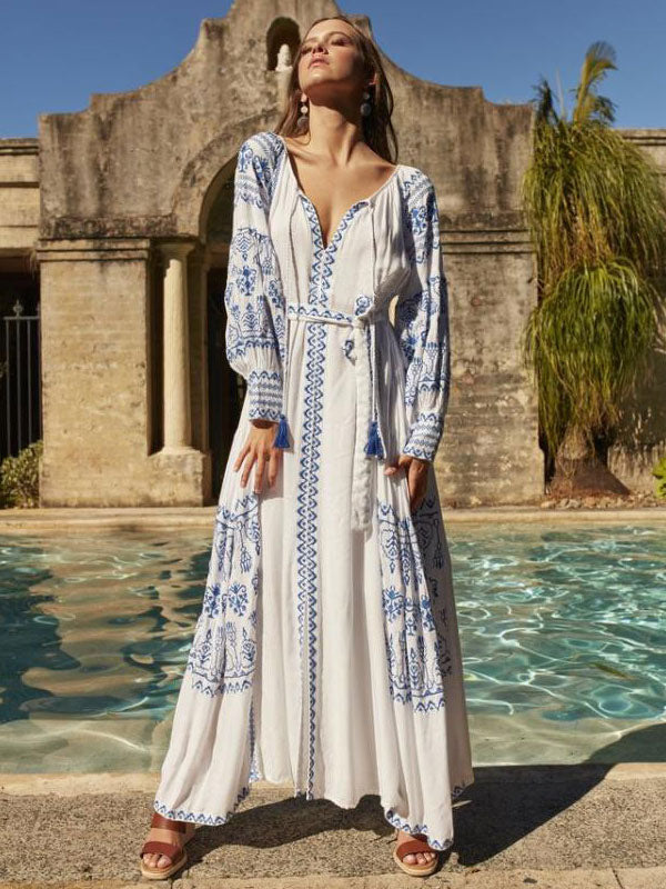 Boho Dress V-Neck Long Sleeves Bohemian Gypsy Beach Vacation White Spring Summer Belted Maxi Dress For Women